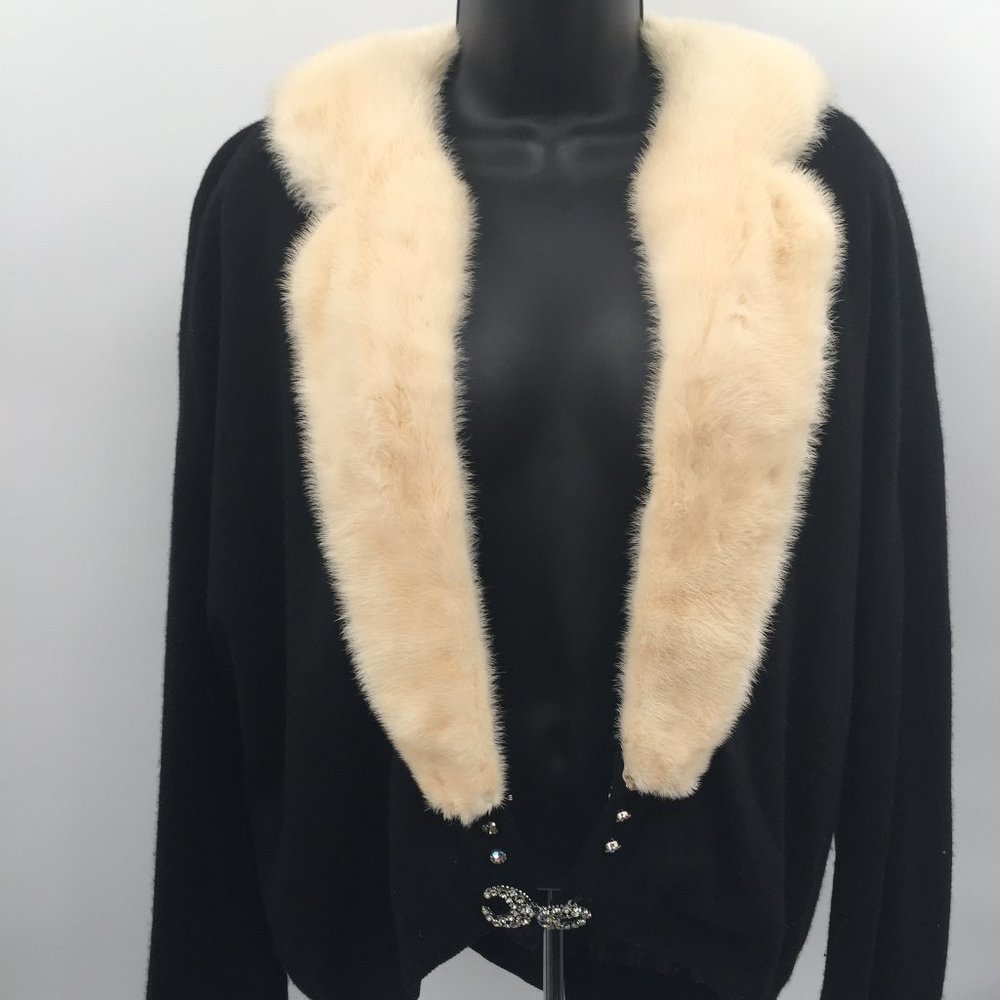 Vintage 1950s Bernhardt Altmann Black Cashmere & Faux Fur Trim Cardigan